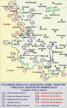 Położenie wielkich jednostek Armii Kraków i wielkich
     jednostek niemieckich 1 września 1939r.