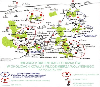 Miejsca koncentracji oddziałów w okolicach Kowla i Włodzimierza Wołyńskiego na początku 1944